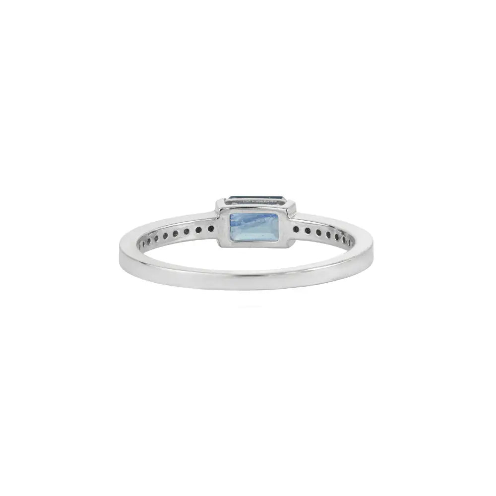 Half Bezel Set Blue Sapphire & Diamond Solid K14 White Gold Stacking Band Ring For Unisex