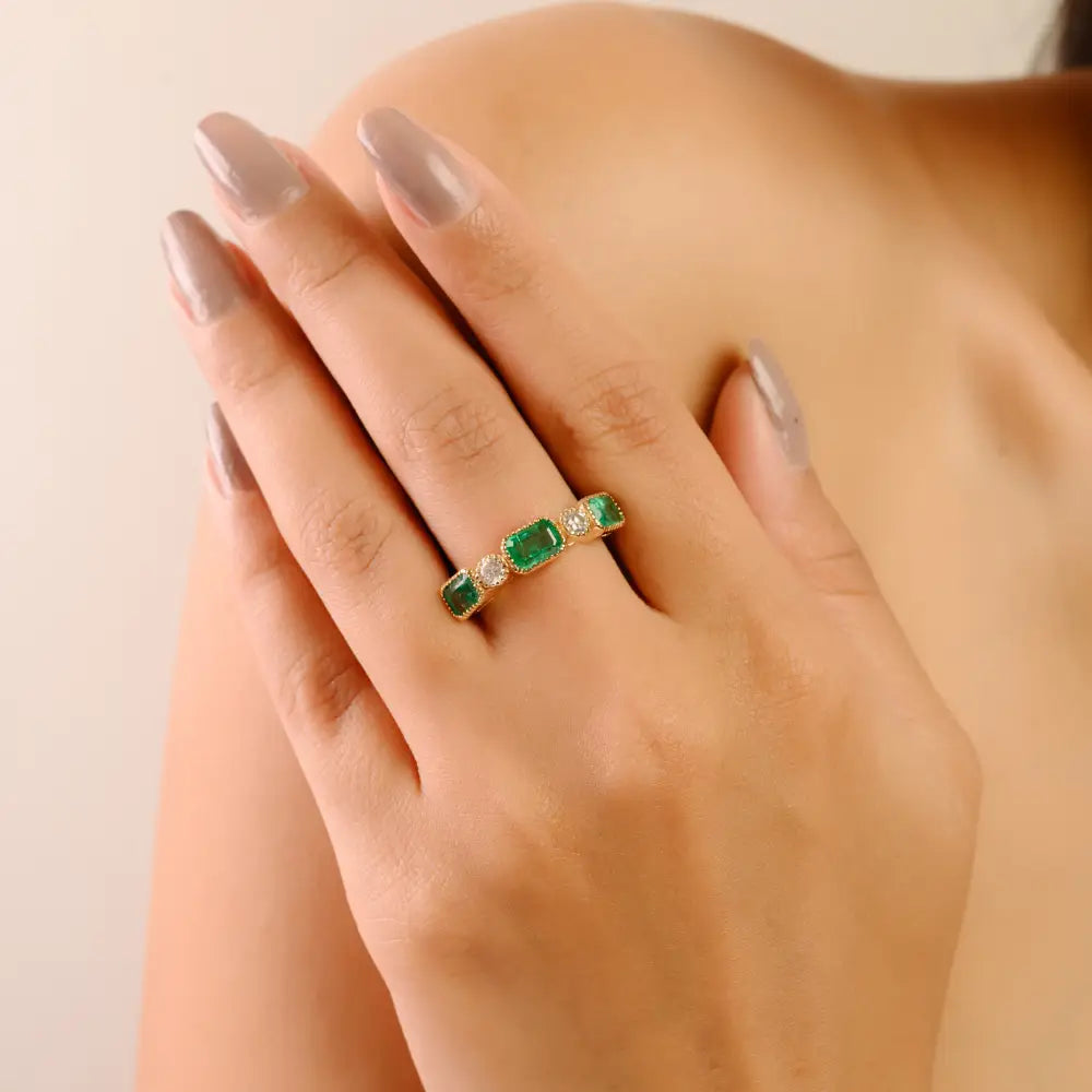 Pinion Bezel Set Emerald & Diamond Half Eternity Band Ring For Unisex 14K Real Yellow Gold