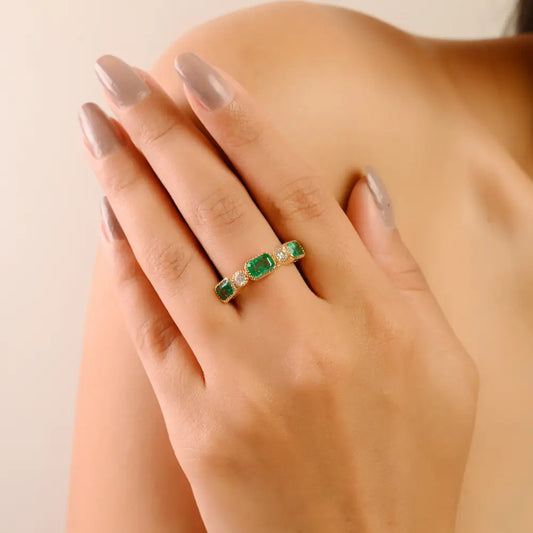Pinion Bezel Set Emerald & Diamond Half Eternity Band Ring For Unisex 14K Real Yellow Gold