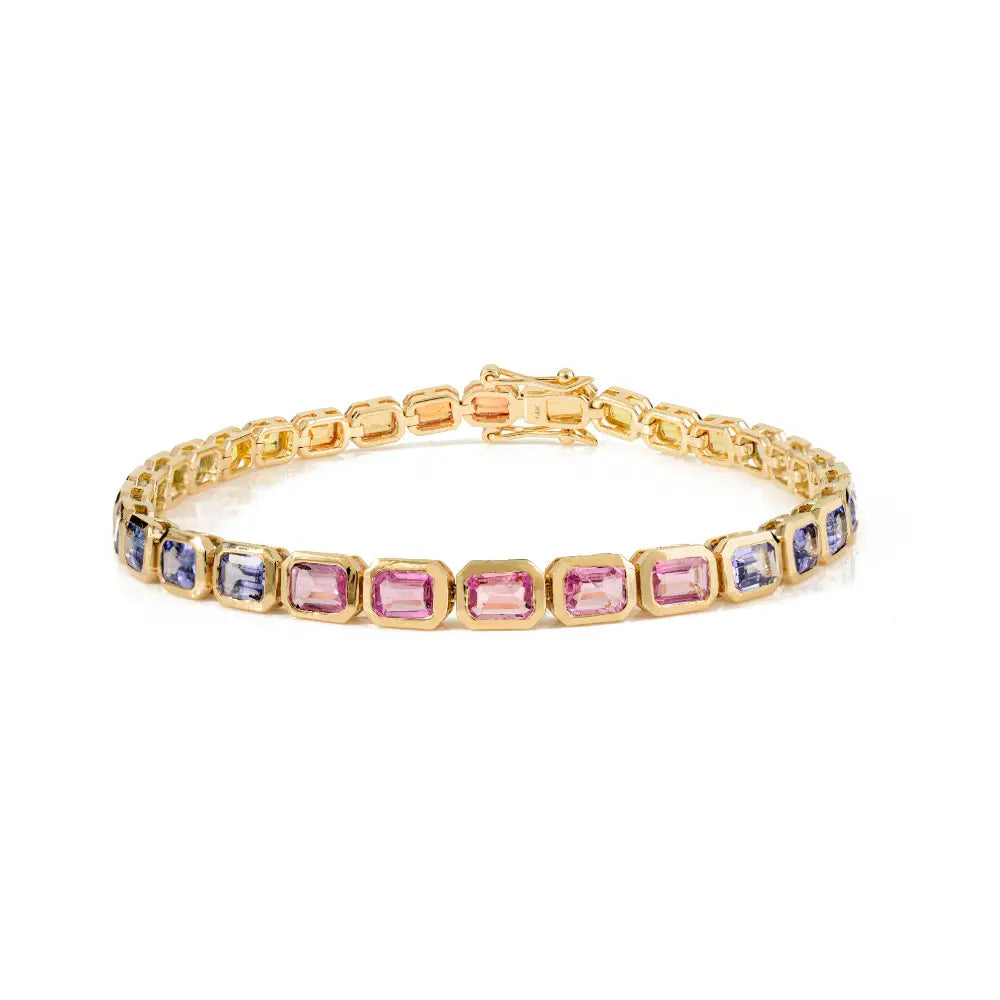 Colorful Gemstone Multi Sapphire 14K Solid Yellow Gold Tennis Bracelet Stack Jewelry