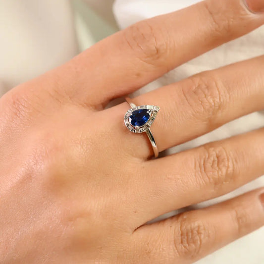 Handmade Blue Sapphire & Diamond Pear Shape Halo Stackable Ring 14K White Gold Fine Jewelry