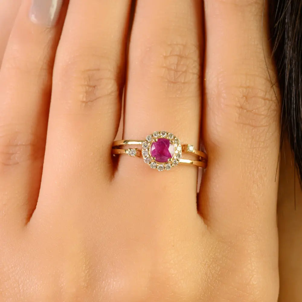 Real Round Ruby & Diamond Cluster Split Shank Ring For Women 14K Yellow Gold Gift For Wife