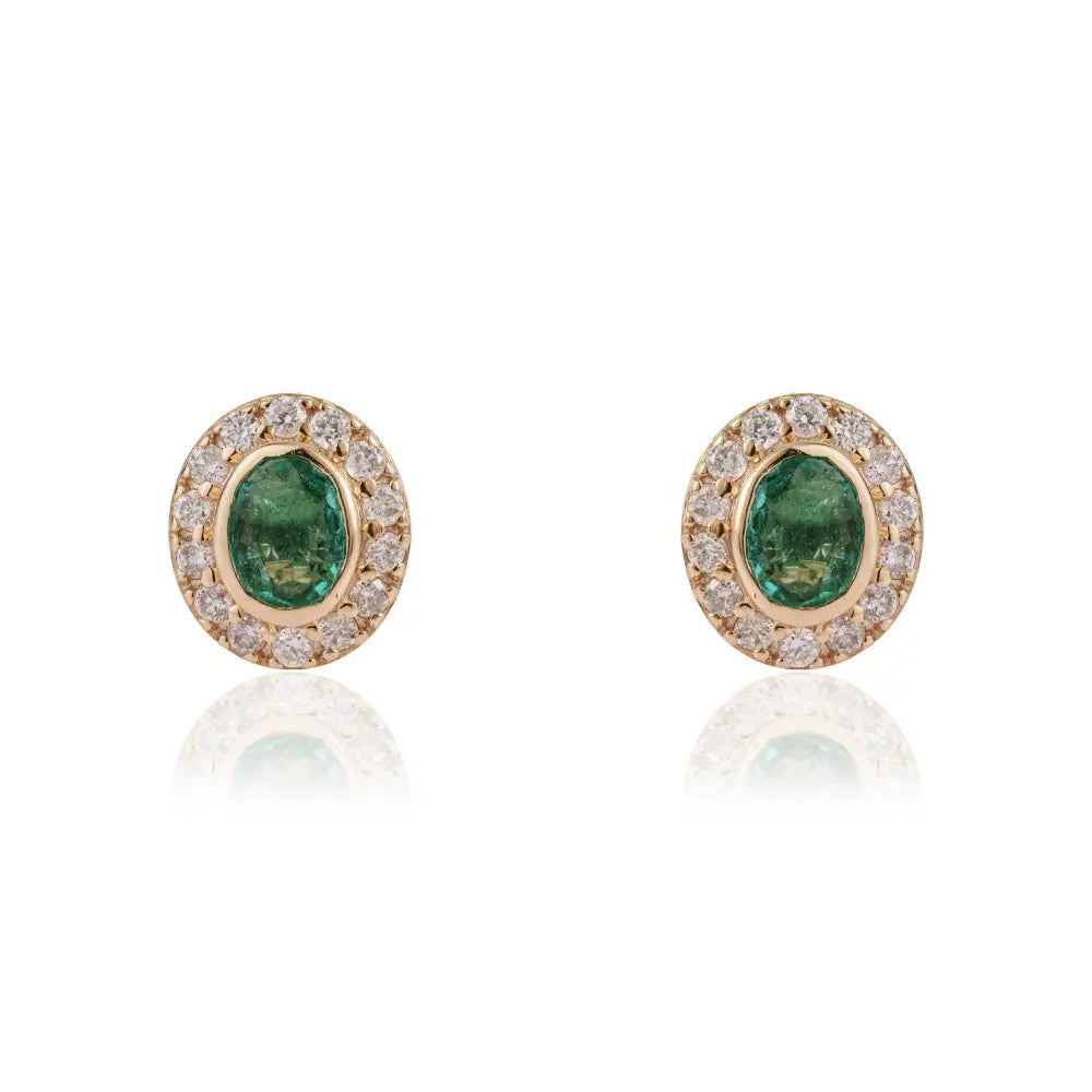 Bezel Set Emerald & Diamond Minimal Halo Stud Earrings For Girls Real 14K Yellow Gold