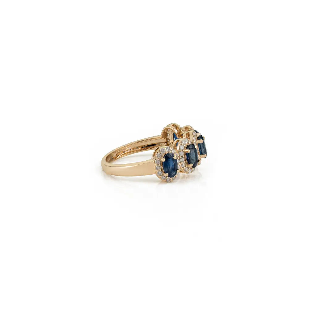 Blue Sapphire & Diamond 14K Solid Yellow Gold Five Stone Half Eternity Band Ring For Wedding