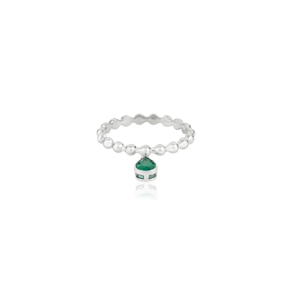 Pear Shape Emerald 14K Real White Gold Beaded Band Charm Ring Stackable Jewelry