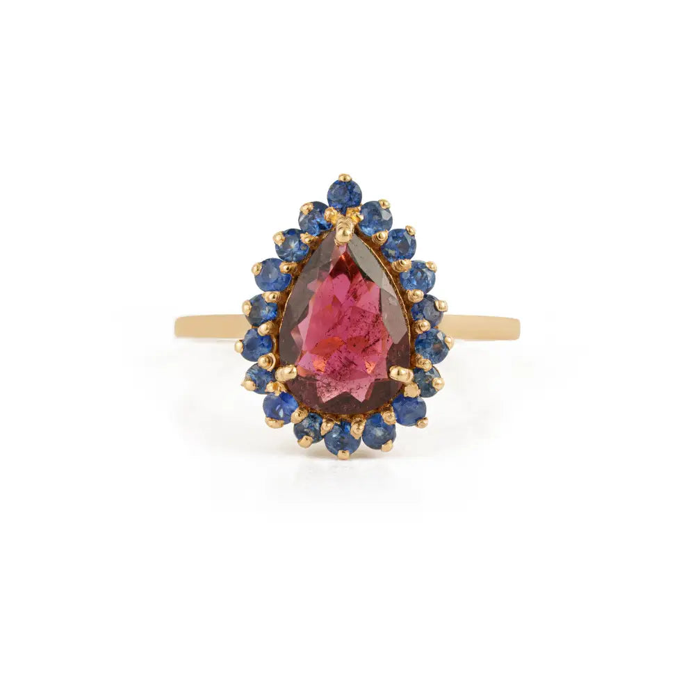 Rubellite & Blue Sapphire K18 Solid Yellow Gold Pear Shape Cluster Ring Bulk Order Jewelry