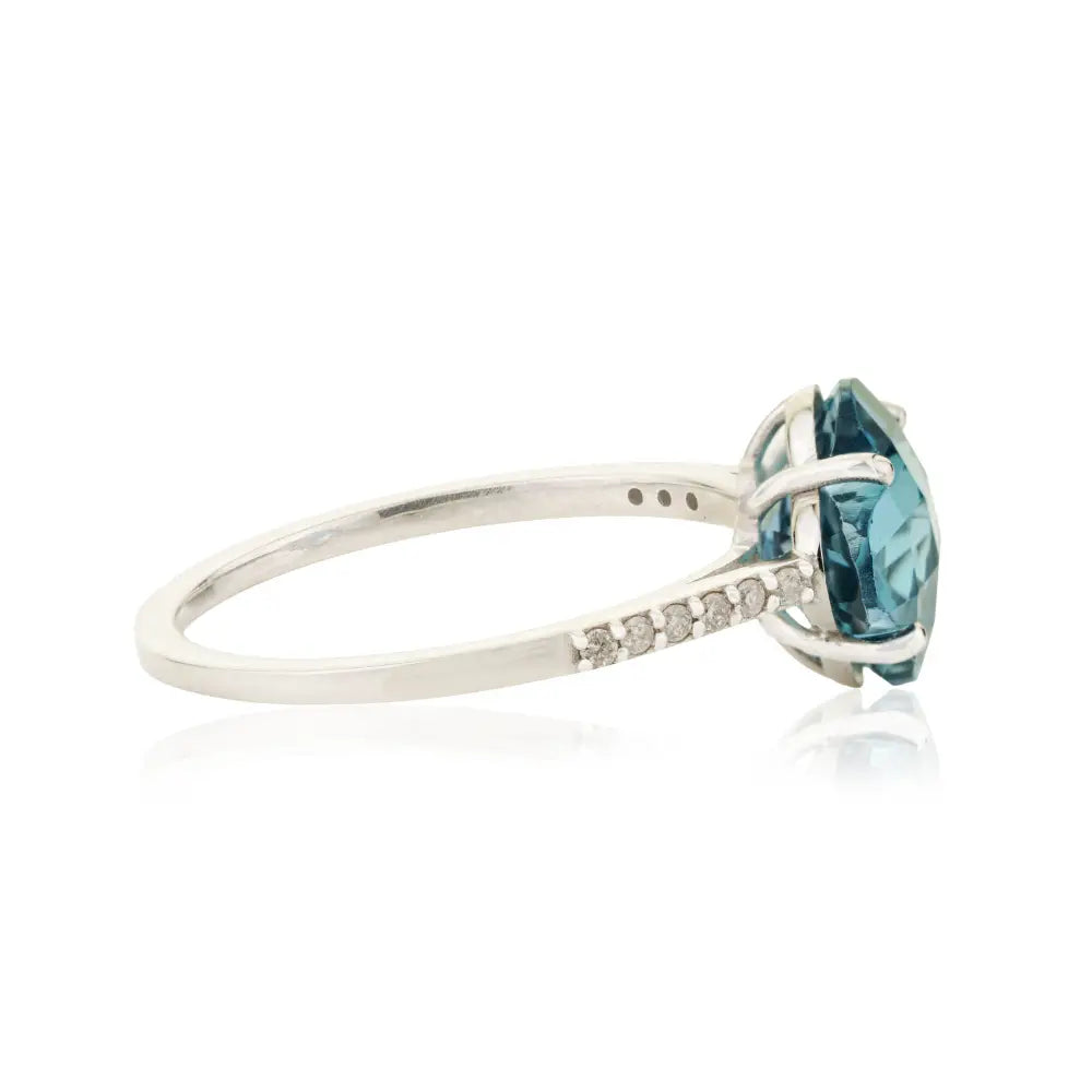 14K Real White Gold Blue Topaz & Diamond Four Leaf Clover Shape Minimal Ring Fine Jewelry