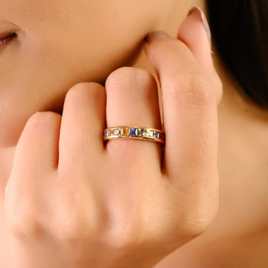 Rainbow Colorful Multi Sapphire Channel Set Full Eternity Band Ring 14K Solid Yellow Gold