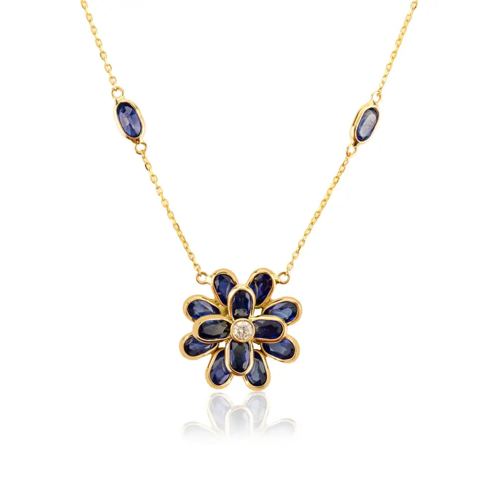 Birthstone Jewelry Solid 14K Gold Blue Sapphire & Diamond Floral Shape Pendant Necklace