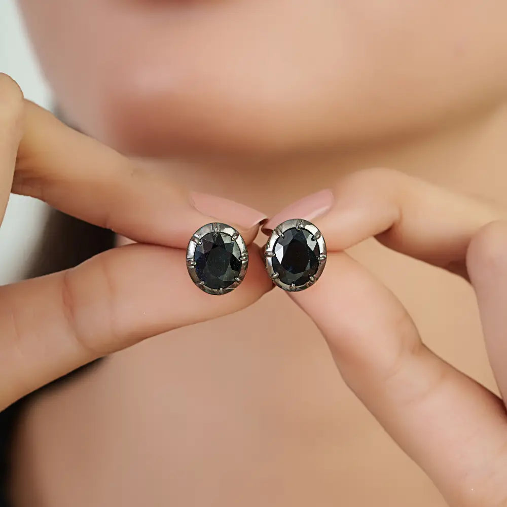 Solid 14K Yellow Gold Blue Sapphire Black Rhodium Plated Solitaire Stud Earrings Fine Jewelry