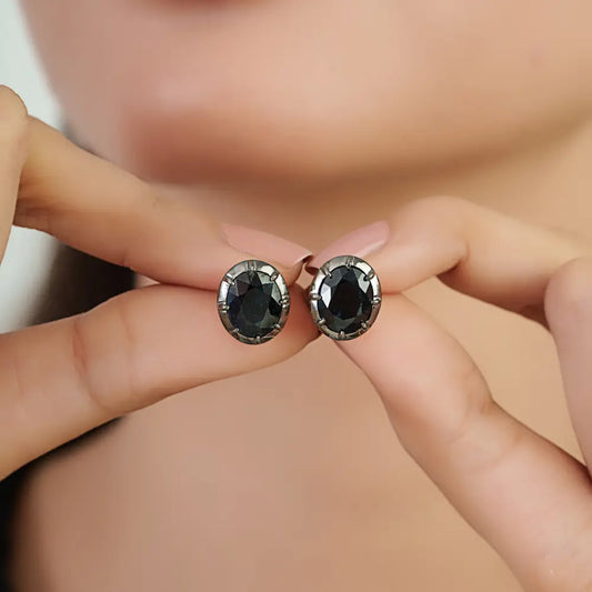 Solid 14K Yellow Gold Blue Sapphire Black Rhodium Plated Solitaire Stud Earrings Fine Jewelry