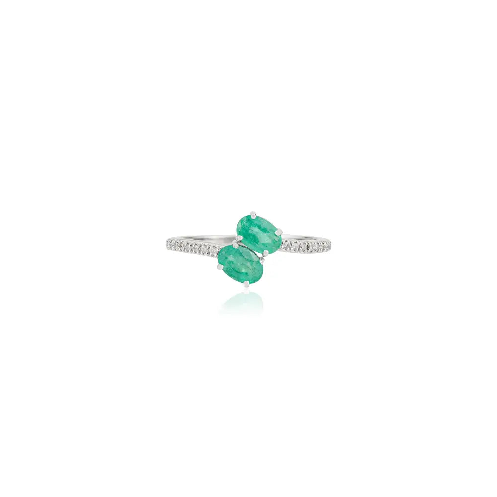 Custom Logo Emerald & Diamond 14K White Gold Fine Bypass Ring Natural Gemstone Jewelry