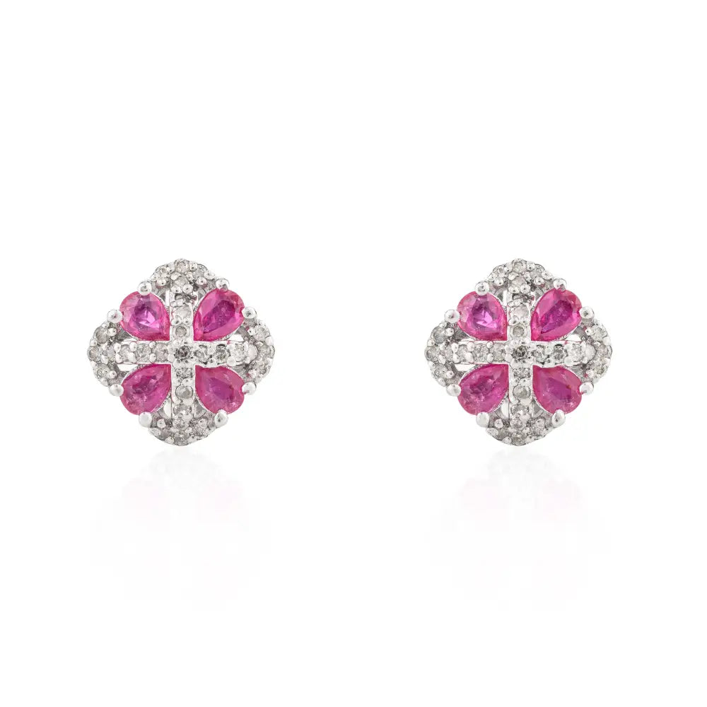 Premium Quality Products Pear Ruby & Round American Diamond 925 Silver Square Stud Earrings