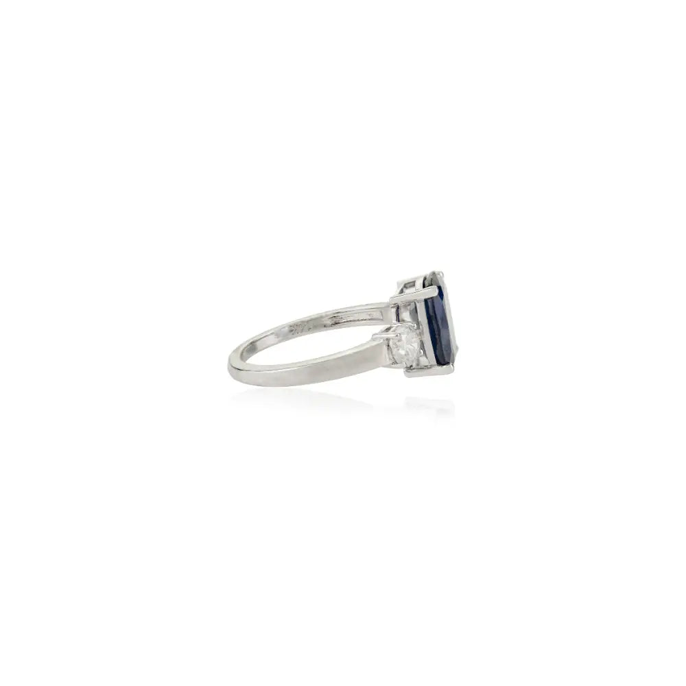 Prong Setting Blue Sapphire & Diamond 14K Solid White Gold Statement Three Stone Ring Unisex
