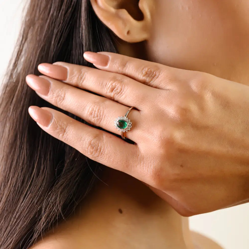Bezel Set Emerald & Diamond Precious Gemstone Cluster Ring 14K Pure White Gold Fine Jewelry