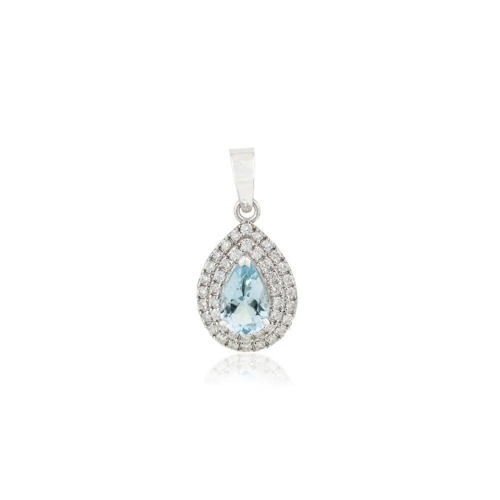 Trending Aquamarine & Diamond Pear Shape Double Cluster Pendant 14K Real White Gold
