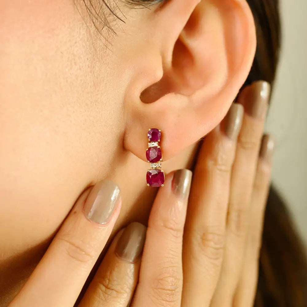 Graduated Set Ruby & Diamond Small Drop Earrings Everyday Wear Girls 14K Yellow Gold Jewelry