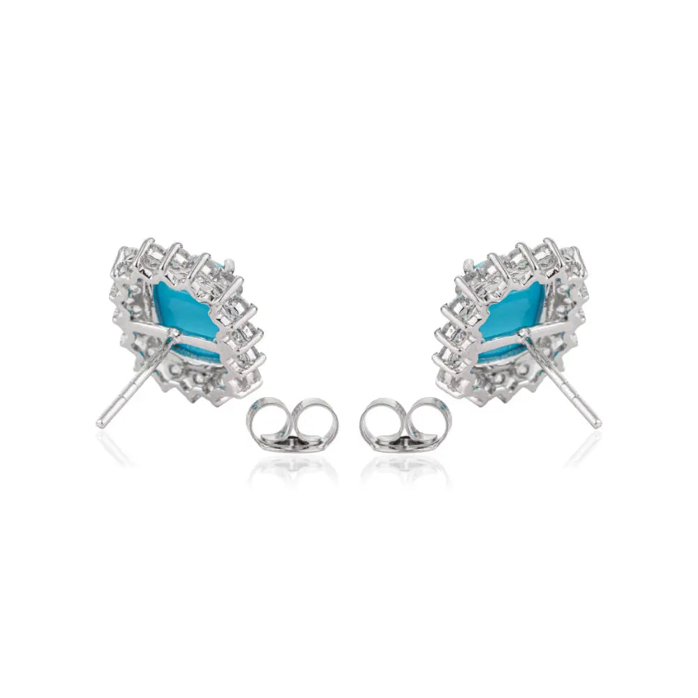 14K White Gold 9x7mm Octagon Cut Turquoise & Diamond Cluster Stud Earrings Bulk Jewelry