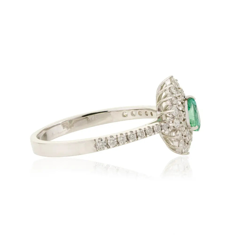 Real 18K White Gold Emerald & Diamond Pear Shape Double Cluster Ring Wedding Jewelry