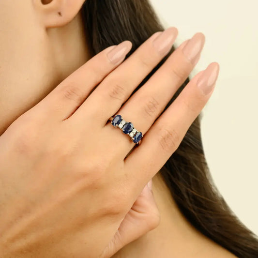Prong Set Blue Sapphire & Diamond Latest Design 14K Gold Three Stone Ring Stack Jewelry