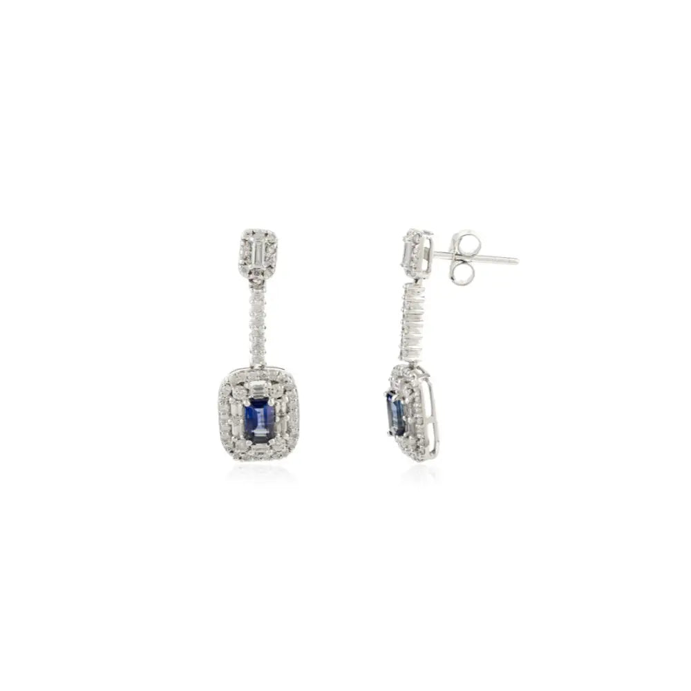 Latest Design Blue Sapphire & Diamond Drop Earrings Real 14K White Gold Gemstone Jewelry