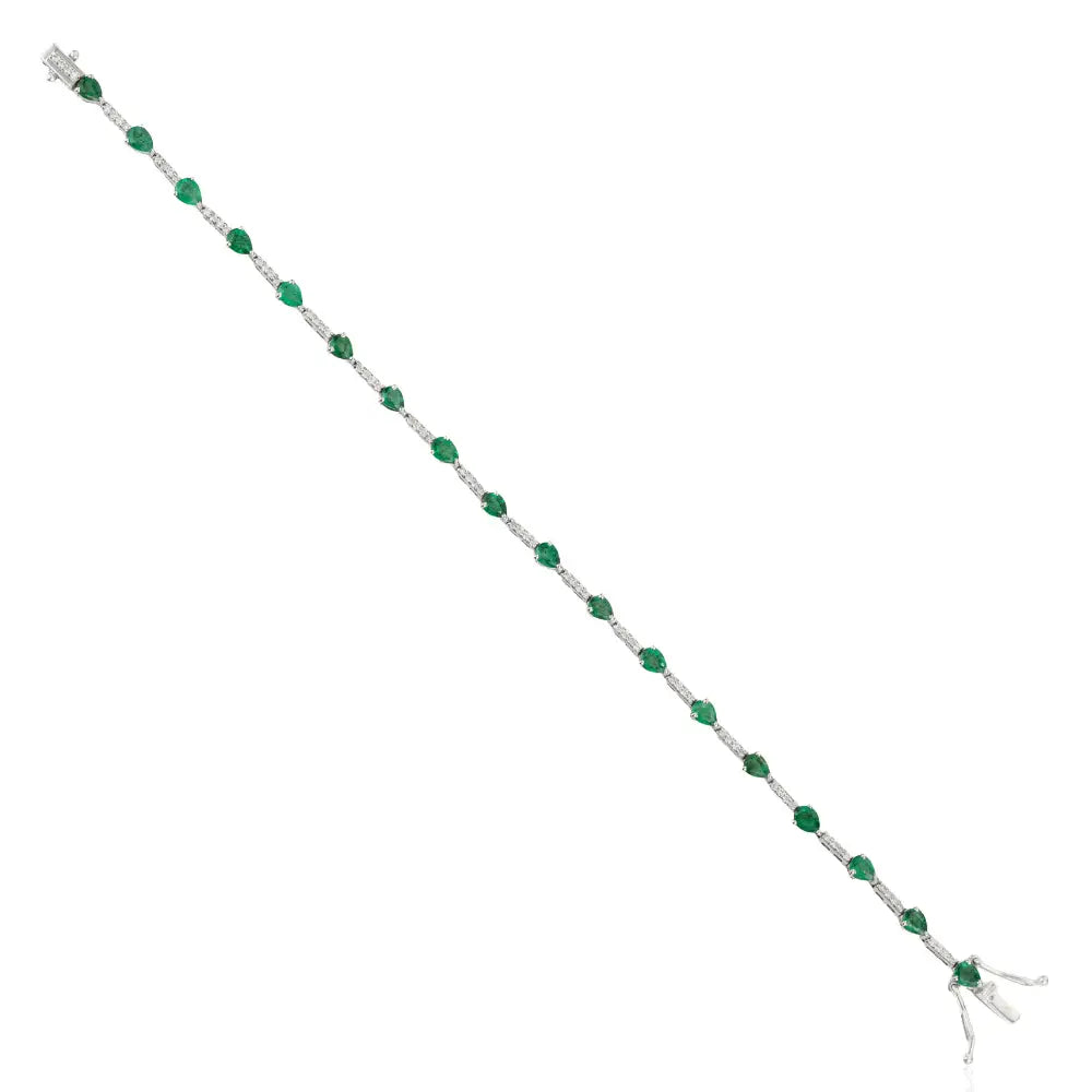 Zambian Emerald & Diamond Stackable 14K Pure White Gold Sleek Tennis Bracelet Fine Jewelry
