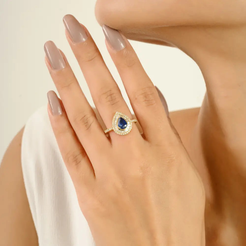Pear Cut Blue Sapphire & Diamond Pure 14K Yellow Gold Double Halo Engagement Ring Women