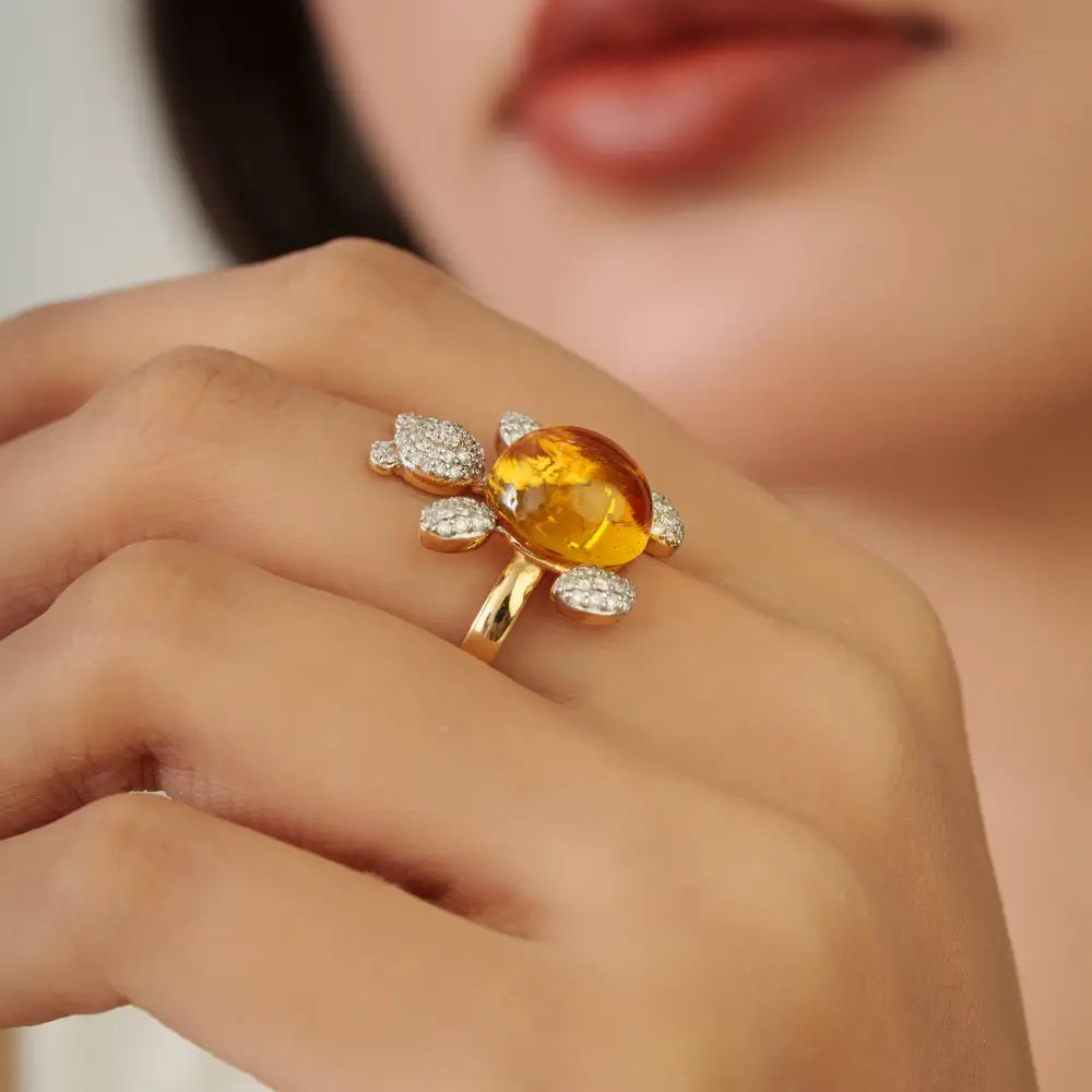 Unique Design Citrine & Diamond K18 Yellow Gold Teddy Bear Ring Statement Jewelry