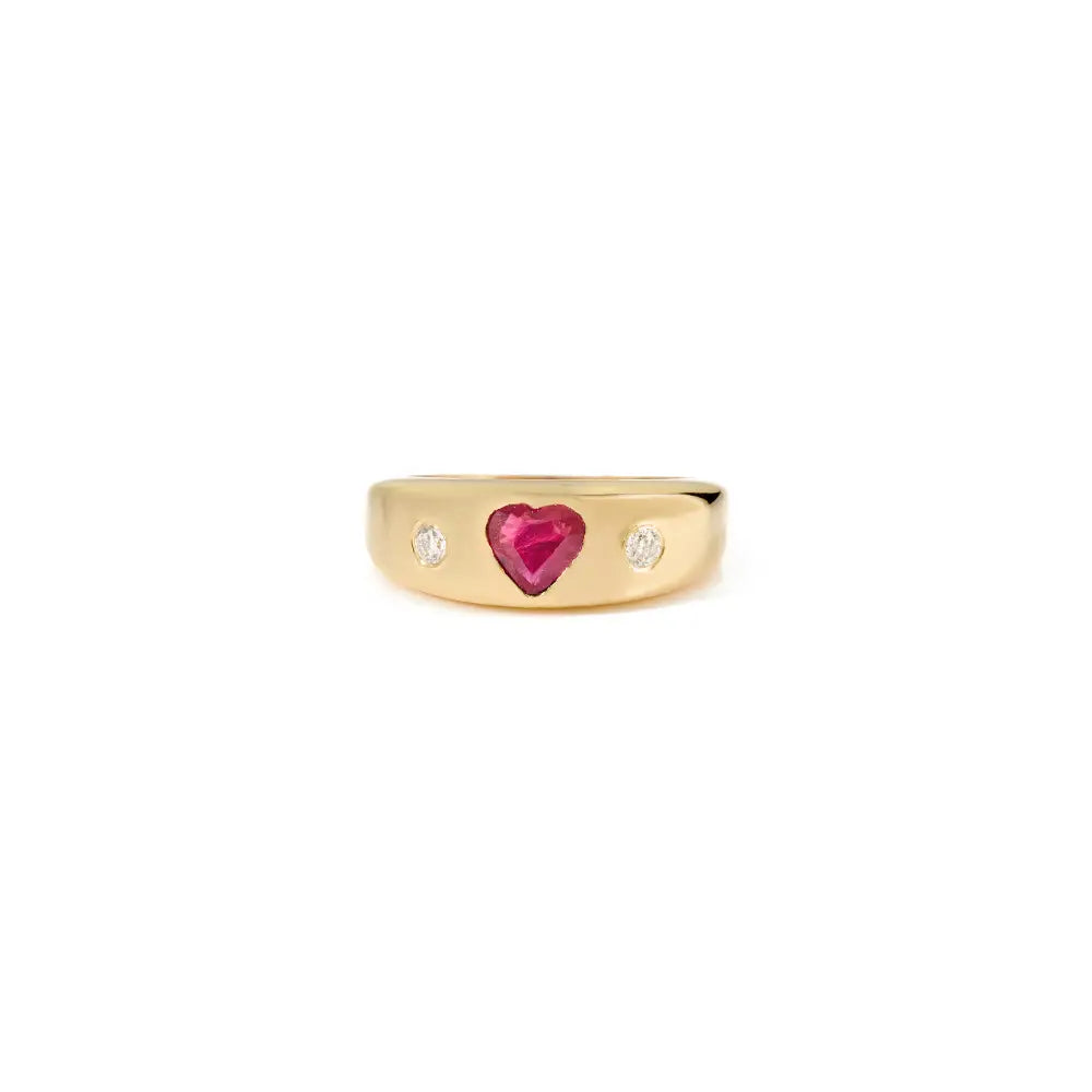 Heart Shape Ruby & Diamond Chunky Gypsy Ring Valentine's Day Gift 18K Yellow Gold