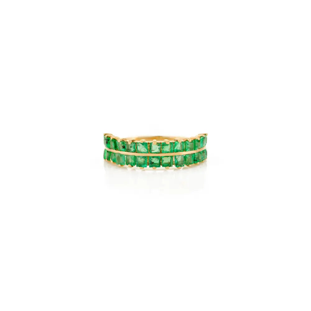 Solid K14 Yellow Gold Emerald Double Row Half Eternity Band Ring May Birthstone Jewelry