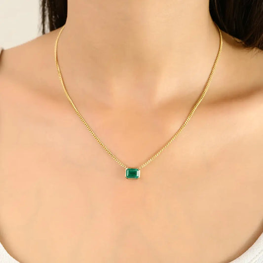 Bezel Setting Emerald Cuban Chain Single Stone Pendant Necklace Solid K14 Yellow Gold