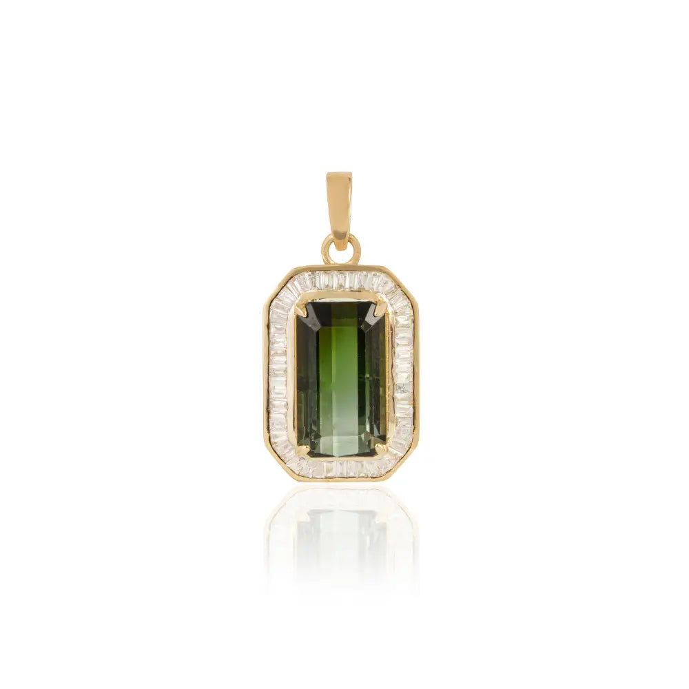 13x7mm Baguette Cut Green Tourmaline & Diamond 14K Yellow Gold Halo Pendant Fine Jewelry