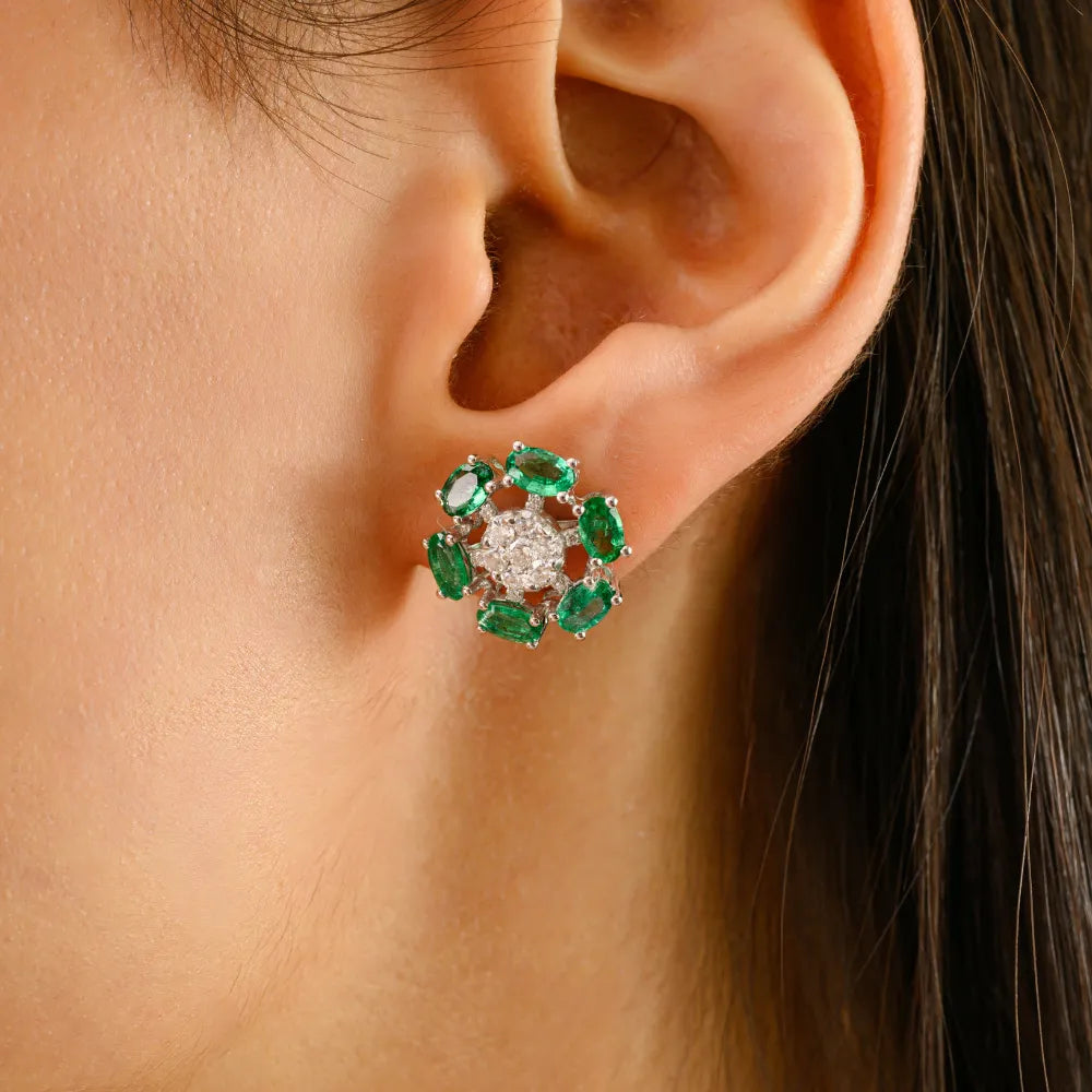 Latest Design Emerald & Diamond Flower Shape Stud Earrings Wholesale 14K Gold Jewelry