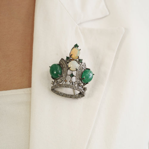 925 Sterling Silver Genuine Emerald & Opal Gemstone Crown Design Brooch Pendant Jewelry