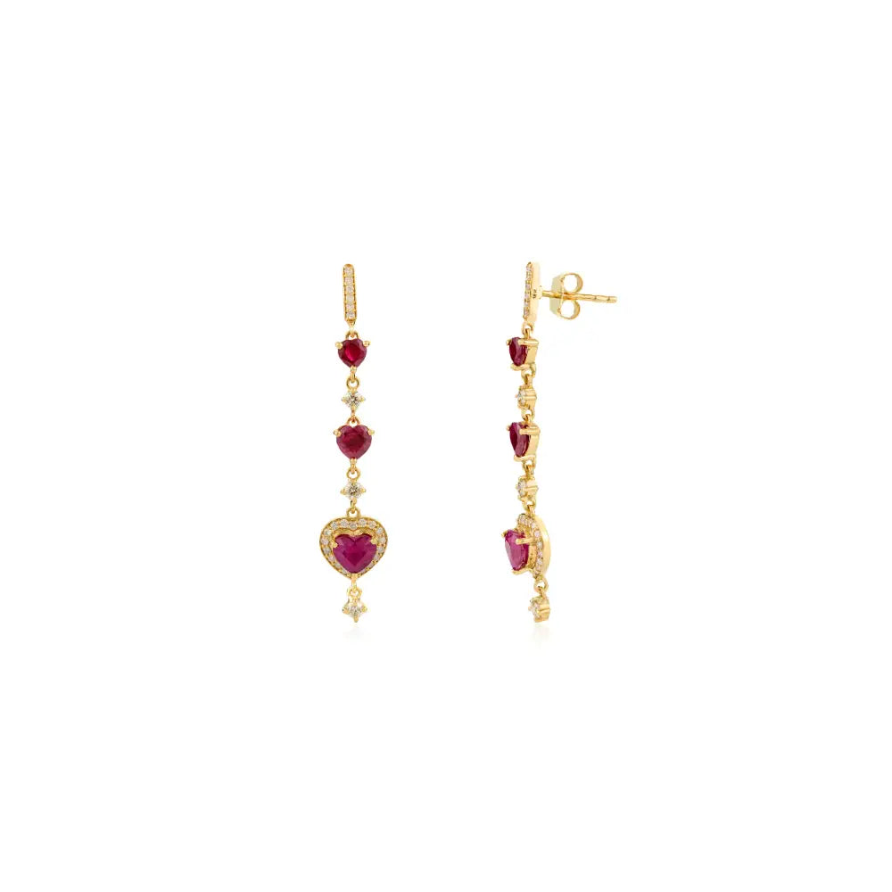 Heart Shape Ruby & Round Cut Diamond Long Dangle Earrings 18K Yellow Gold Anniversary Gift