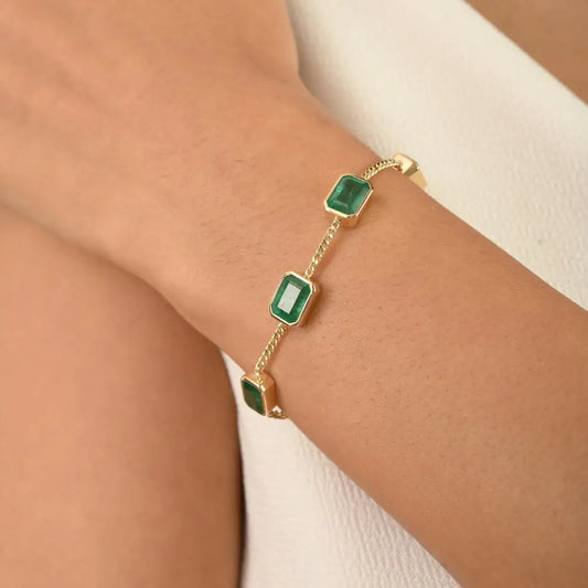 Zambian Emerald Station Curb Link Chain Spring Lock Bracelet Trending 14K Gold Jewelry