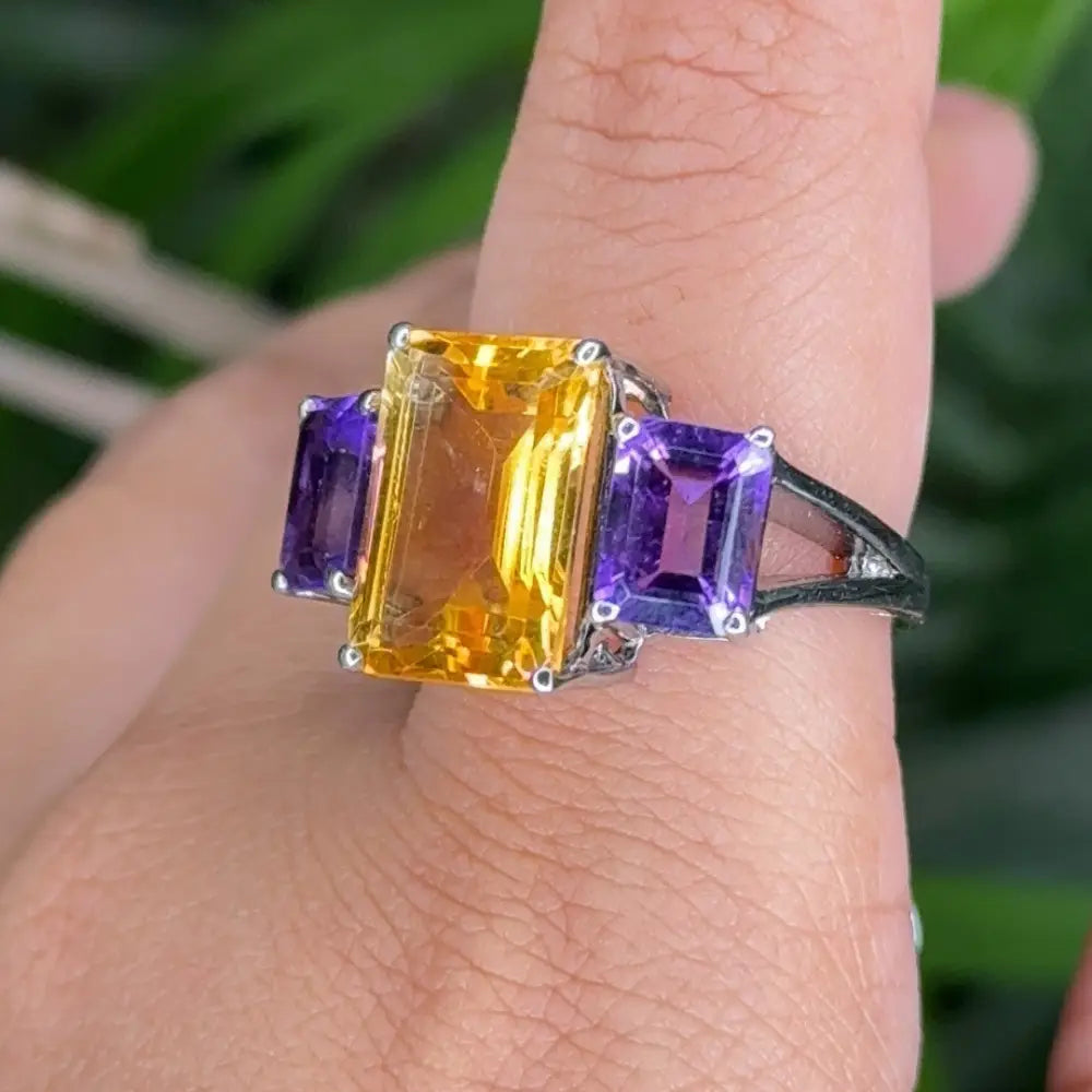 100% Natural Amethyst & Citrine Three Stone 925 Silver Ring For Unisex Wholesale Price