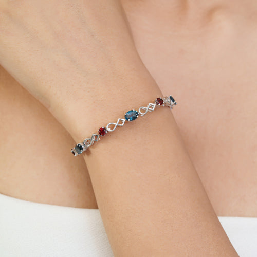 Genuine London Blue Topaz & Garnet Gemstone New Design 925 Silver Tennis Bracelet