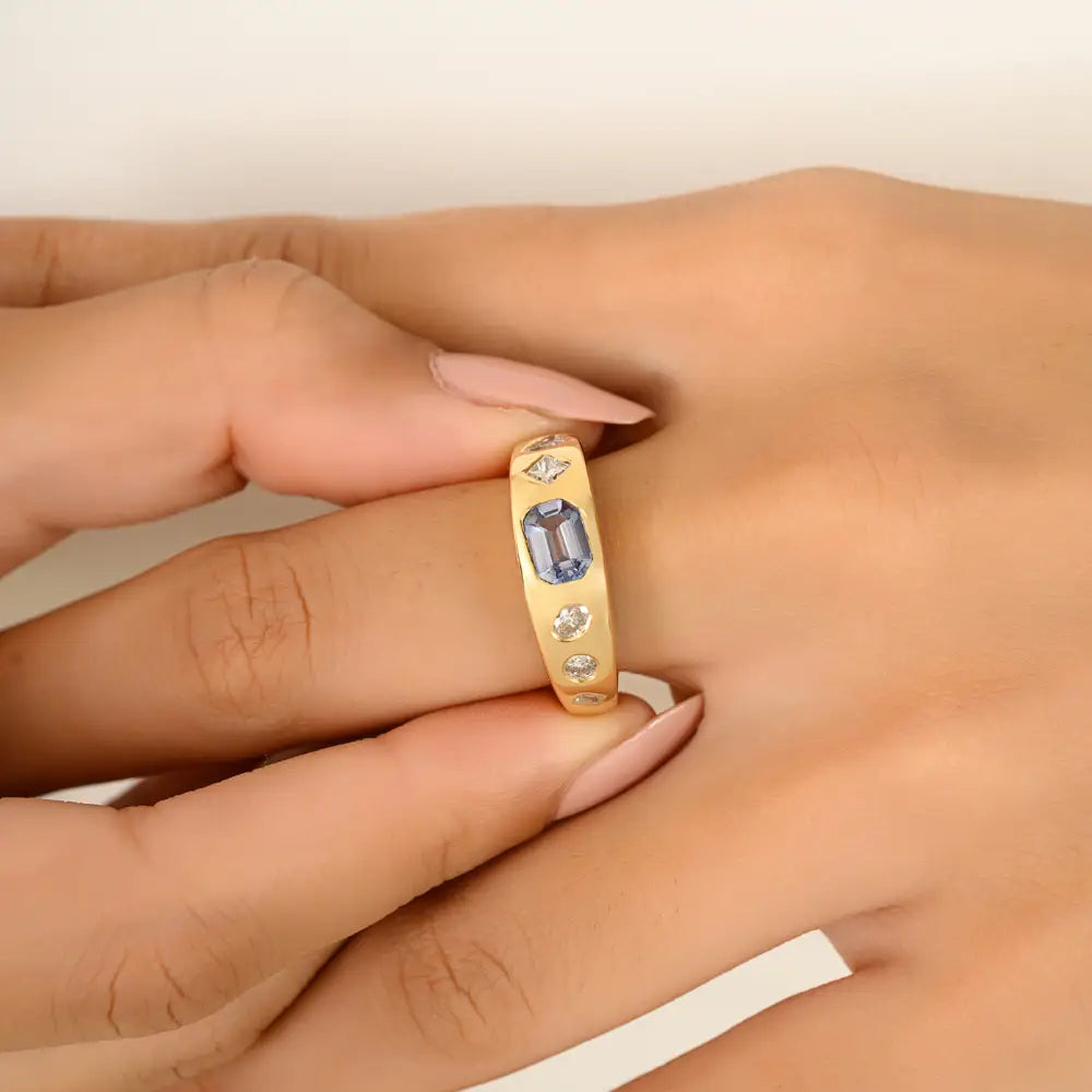 Genuine Blue Sapphire & Diamond New Trendy Chunky Gypsy Ring 18K Gold Unisex Jewelry