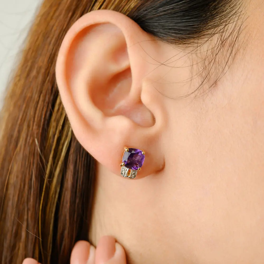 Best Quality Product Solid Yellow Gold Amethyst & Diamond Stud Earring