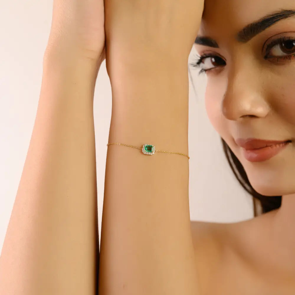 Octagon Emerald & Round Solitaire Halo Bracelet Everyday Stacking Jewelry 14K Gold Jewelry