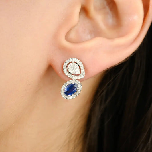 New Arrivals Unique Blue Sapphire & Diamond Solid White Gold Wings Shape Stud Earrings