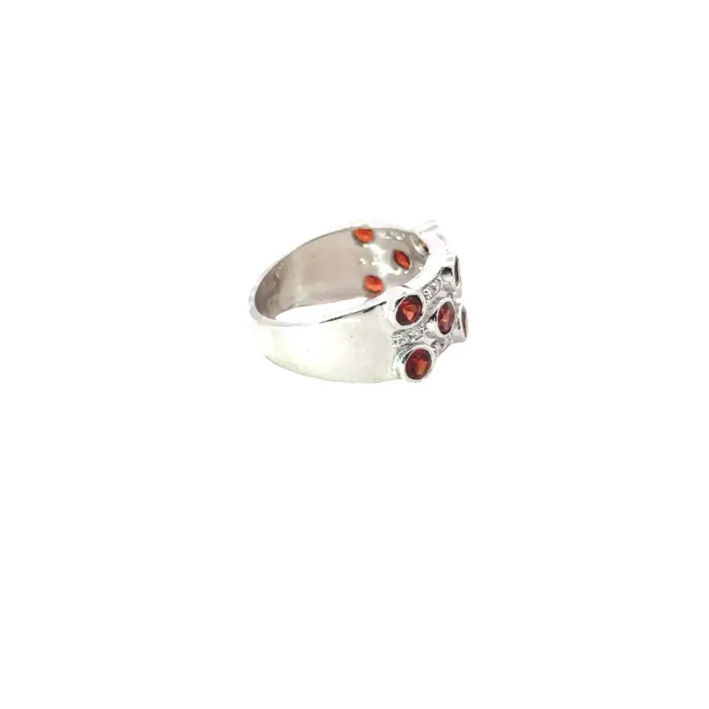 Explore Exquisite Jewelry Round Cut Garnet & American Diamond Wedding Band Ring Set In Bezel Setting