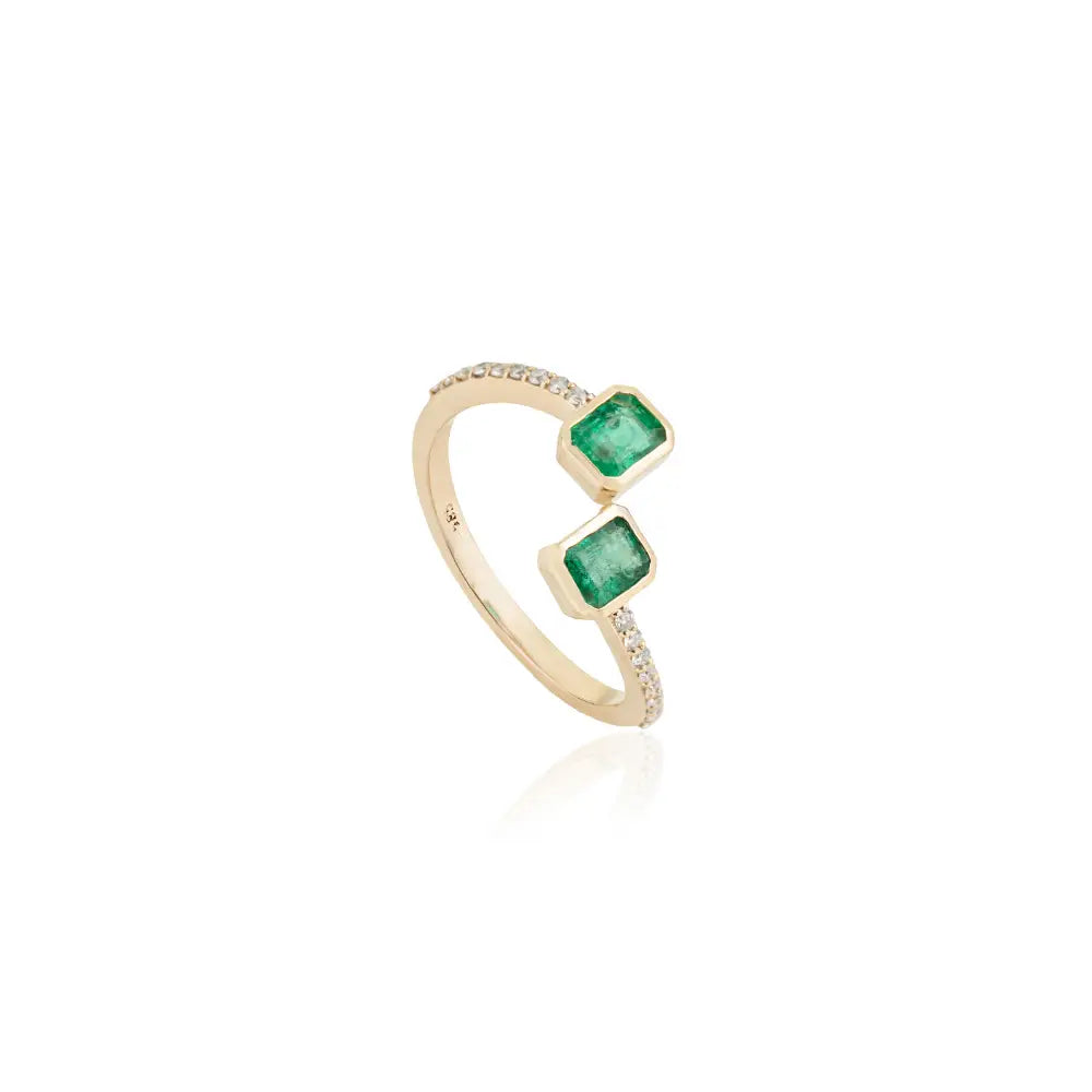 4x5 mm Octagon Cut Emerald & Diamond Open Bypass Ring Minimal 14K Yellow Gold Jewelry
