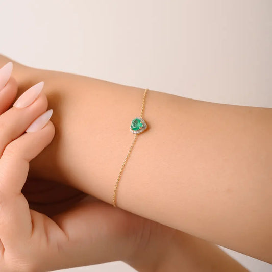 Heart Shape Emerald & Round Cut Diamond 14K Solid Yellow Gold Solitaire Halo Bracelet