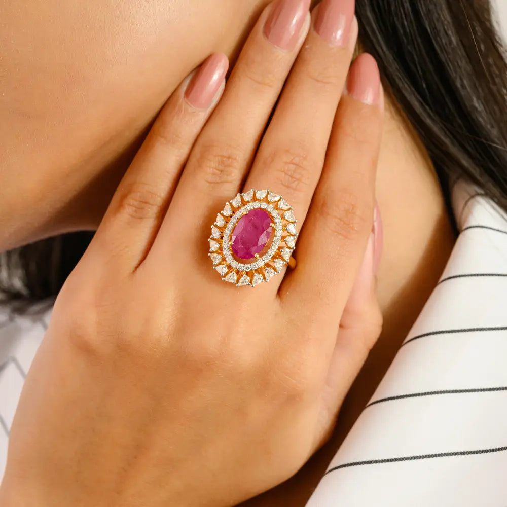 Genuine Ruby & Diamond Solid 14K Yellow Gold Cocktail Ring For Women Party Wear Jewelry