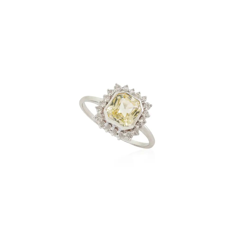 14K Solid White Gold Yellow Sapphire & Diamond Halo Statement Ring Birthstone Jewelry