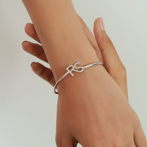 Customisable Initial Letter Pave Set Natural Diamond 925 Silver Open Cuff Bangle For Women