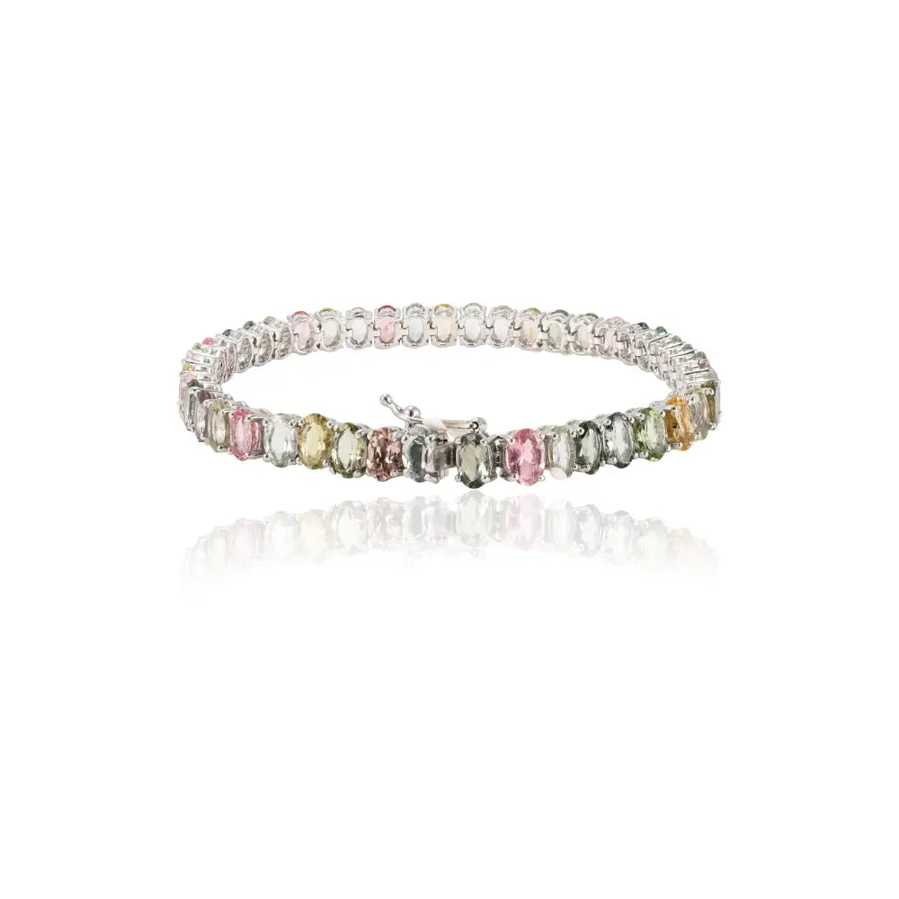 Factory Price 925 Solid Silver Oval Multi Tourmaline Prong Setting Tennis Bracelet