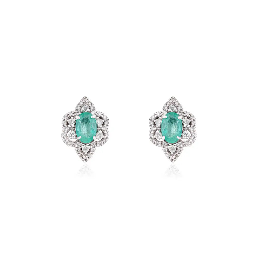 Vintage Style Gemstone Stud Earrings Featuring Emerald & Diamond K14 Real White Gold Jewelry